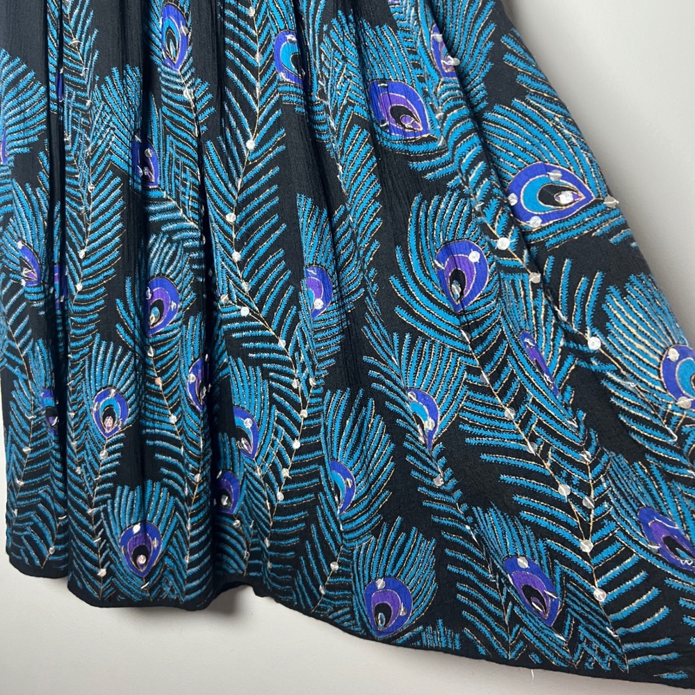 Womens Large Black Peacock Feather Smocked Strapless Sequin Mini Dress Y2K 90's - Picture 3 of 7